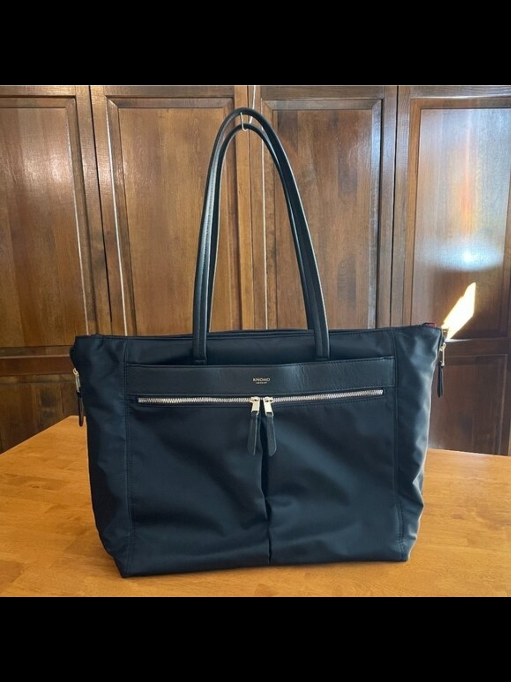 Knomo London Gosvenor Place Black Nylon Tote Bag with Front Zip Pockets